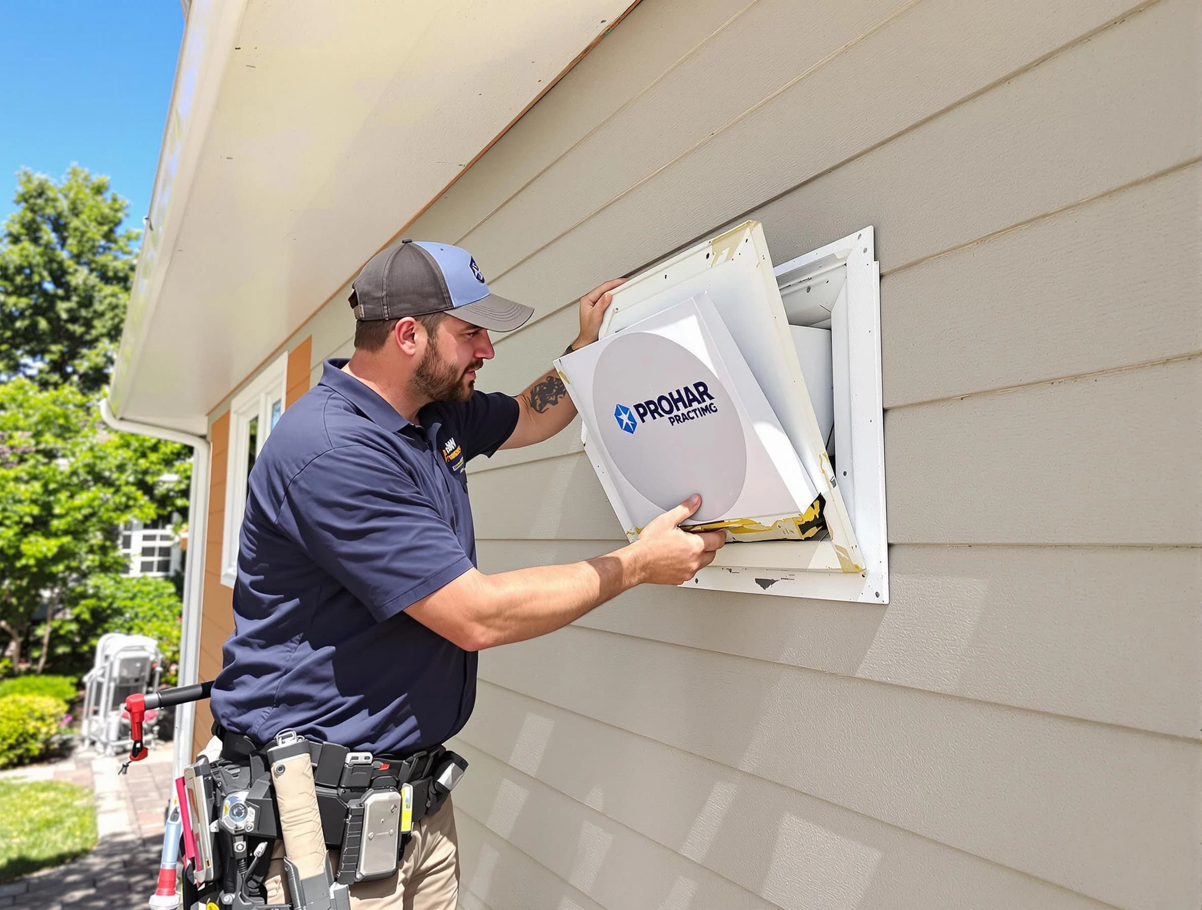 Lithia Springs Dryer Vent Cleaning technician installing a new protective dryer vent cover on a home in Lithia Springs