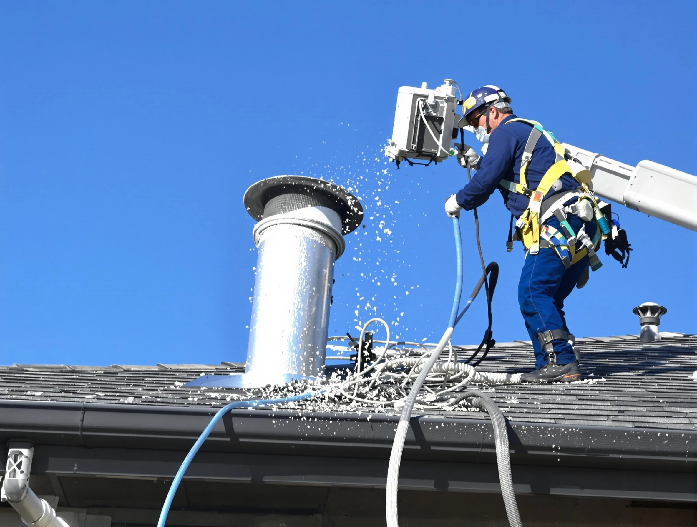 Lithia Springs Dryer Vent Cleaning certified technician safely cleaning a roof-mounted dryer vent in Lithia Springs